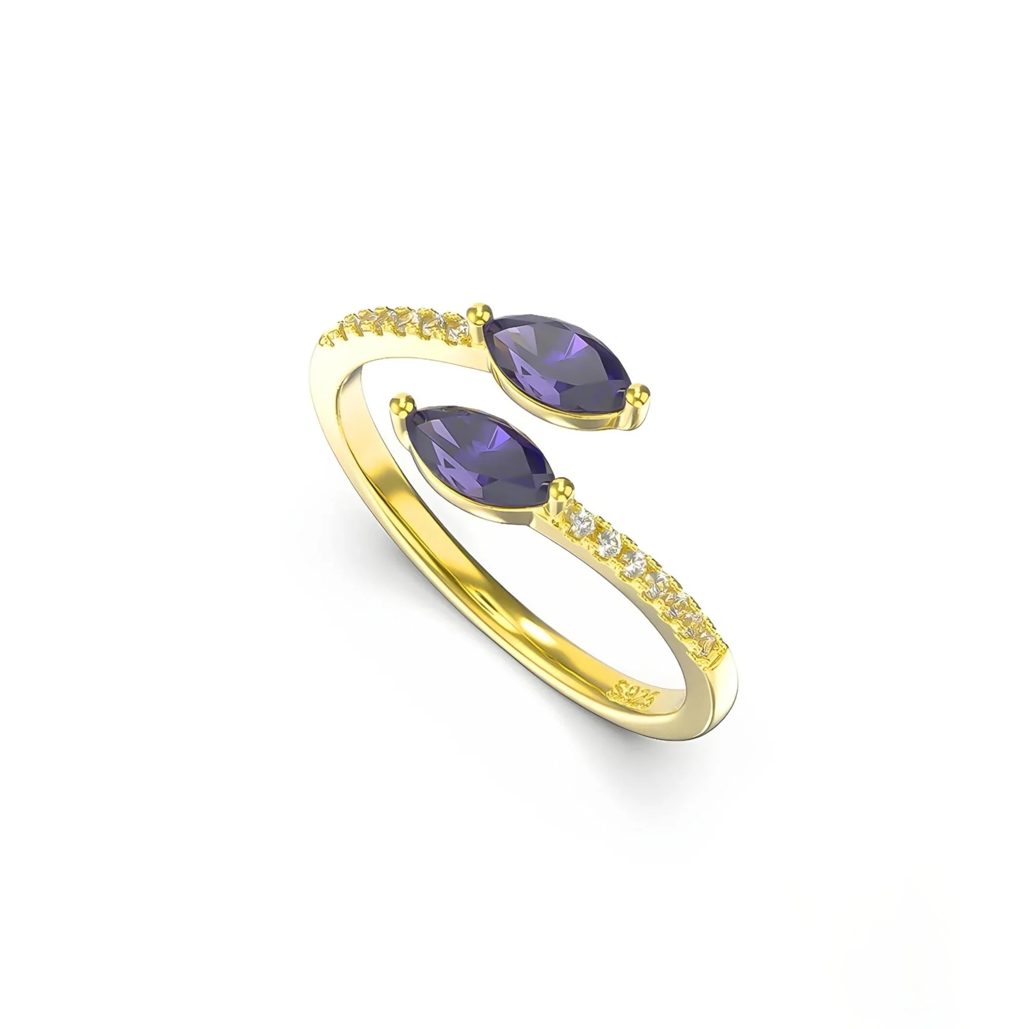 Offener Goldring mit zwei violetten Navette-Edelsteinen und kleinen weißen Steinen, Schmuck