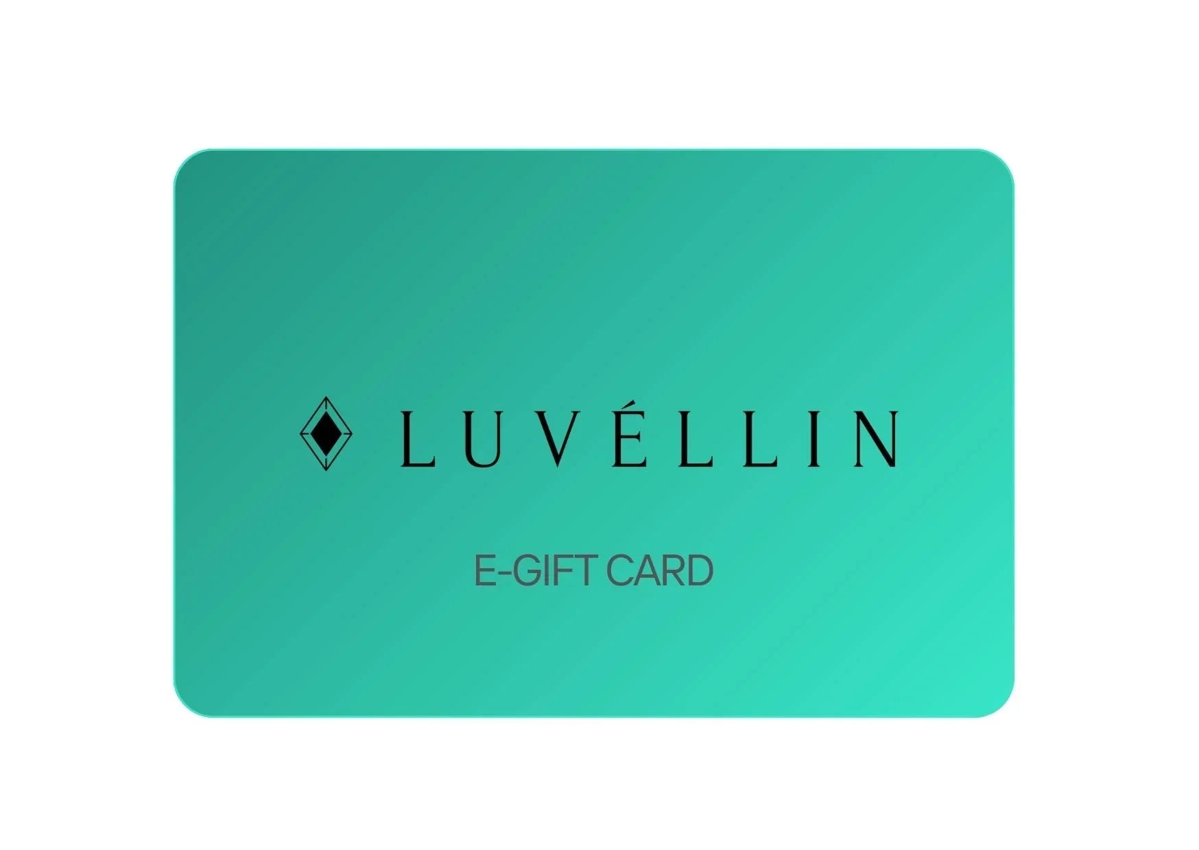 Türkise Luvellin Geschenkkarte mit schwarzem Logo und Aufschrift E-Gift Card