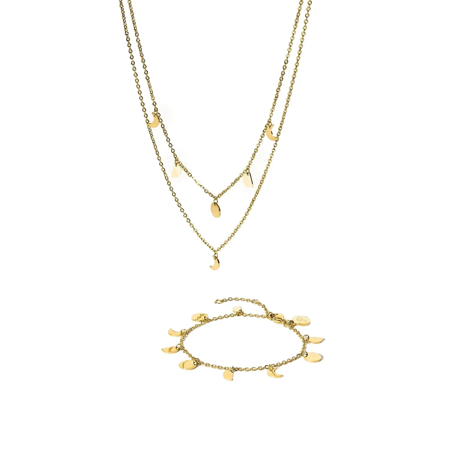 Goldene Schmuckset mit Halskette und Armband, beide mit kleinen Mond-Anhängern.