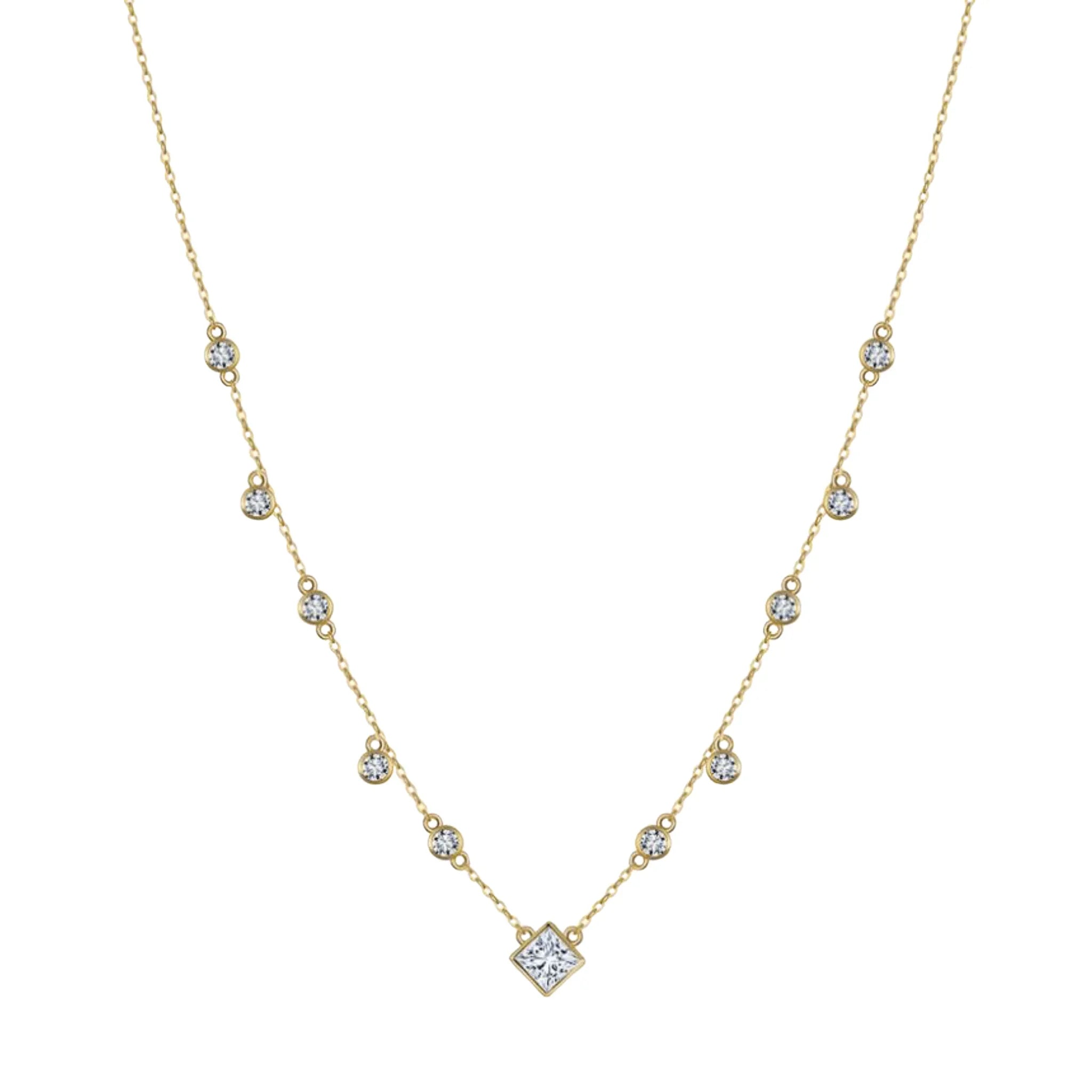 Goldene Halskette mit kleinen runden und quadratischem Zirkonia, filigranes Schmuckdesign