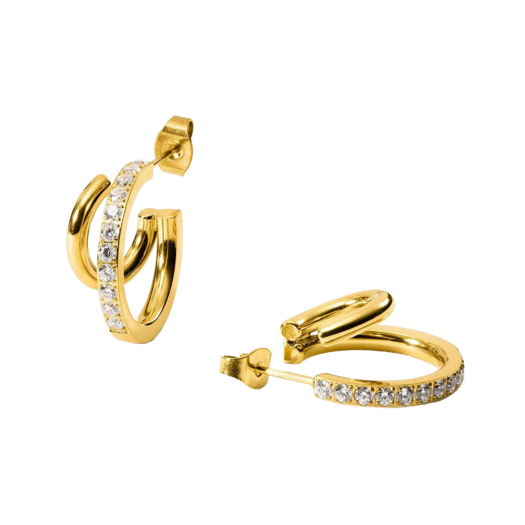 Gold Double Glitter Earrings by PURELEI. Gold plated hoop earrings with white cubic zirconia.