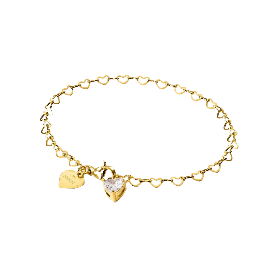 Close-up of PURELEI Endless Love Bracelet with heart-shaped gold chain links and sparkling zirconia heart pendant, elegant and timeless.