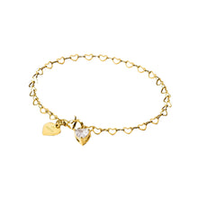 Close-up of PURELEI Endless Love Bracelet with heart-shaped gold chain links and sparkling zirconia heart pendant, elegant and timeless.