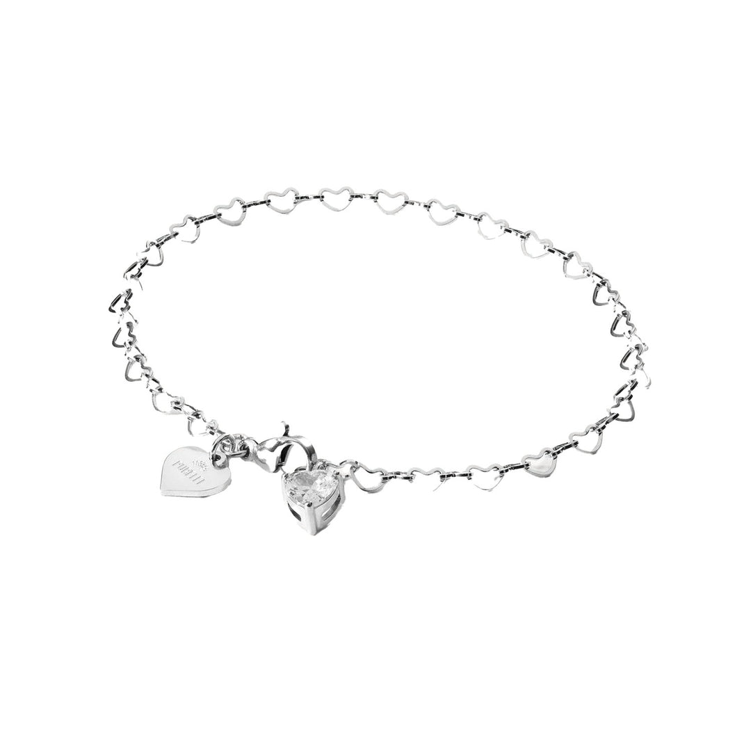 Close-up of PURELEI Endless Love Bracelet with heart-shaped silver chain links and sparkling zirconia heart pendant, elegant and timeless.