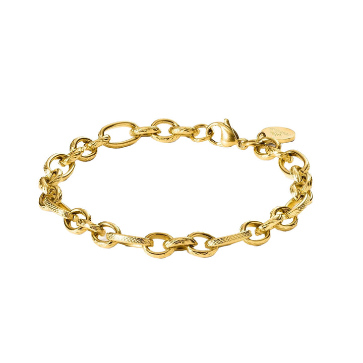 Gold Fashion Show Bracelet by PURELEI with matt finish and adjustable links, perfect for layering.