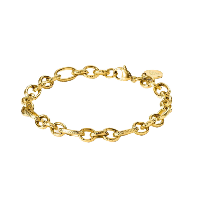 Gold Fashion Show Bracelet by PURELEI with matt finish and adjustable links, perfect for layering.