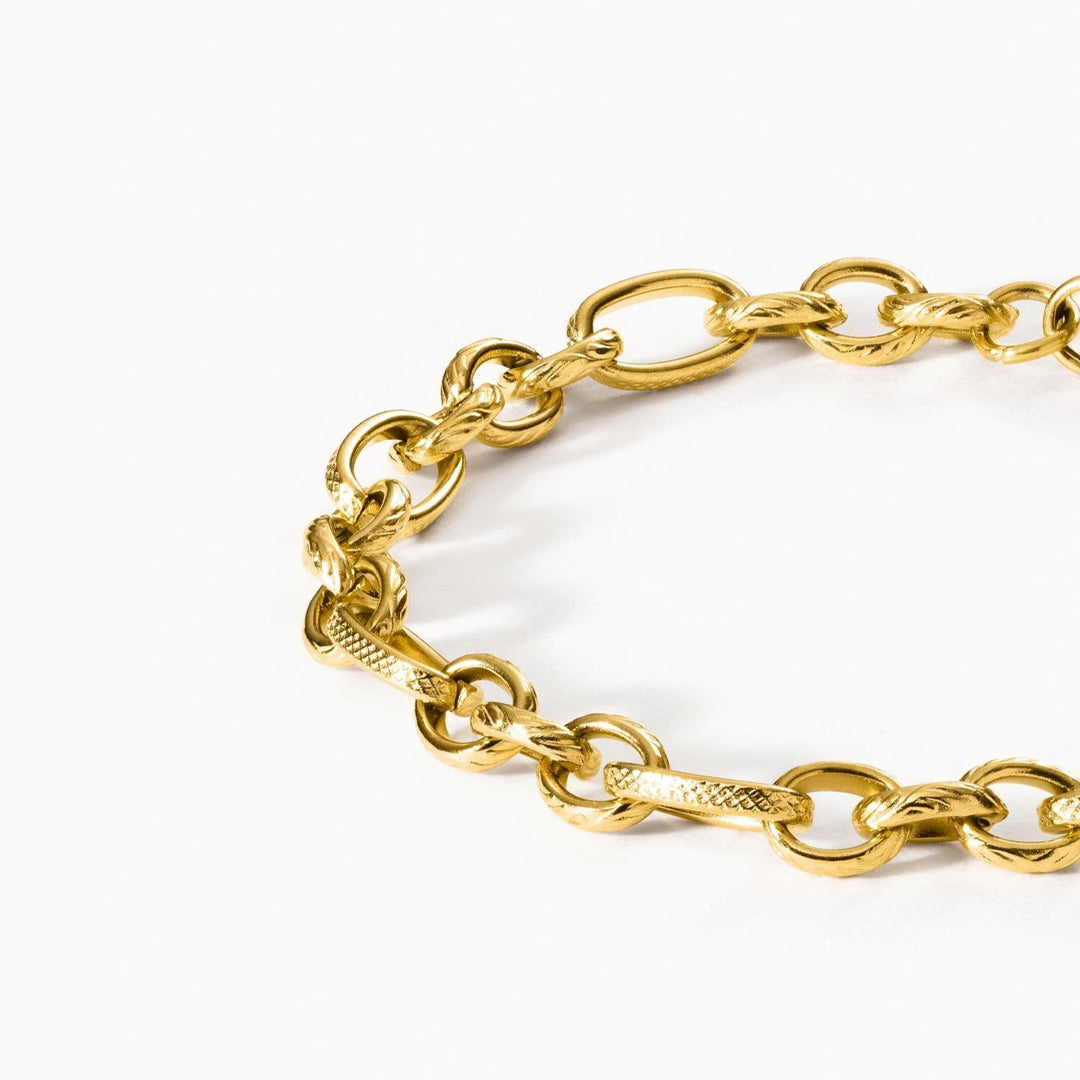 Close-up of PURELEI’s Gold-Plated Fashion Show Bracelet with matte finish and adjustable links.