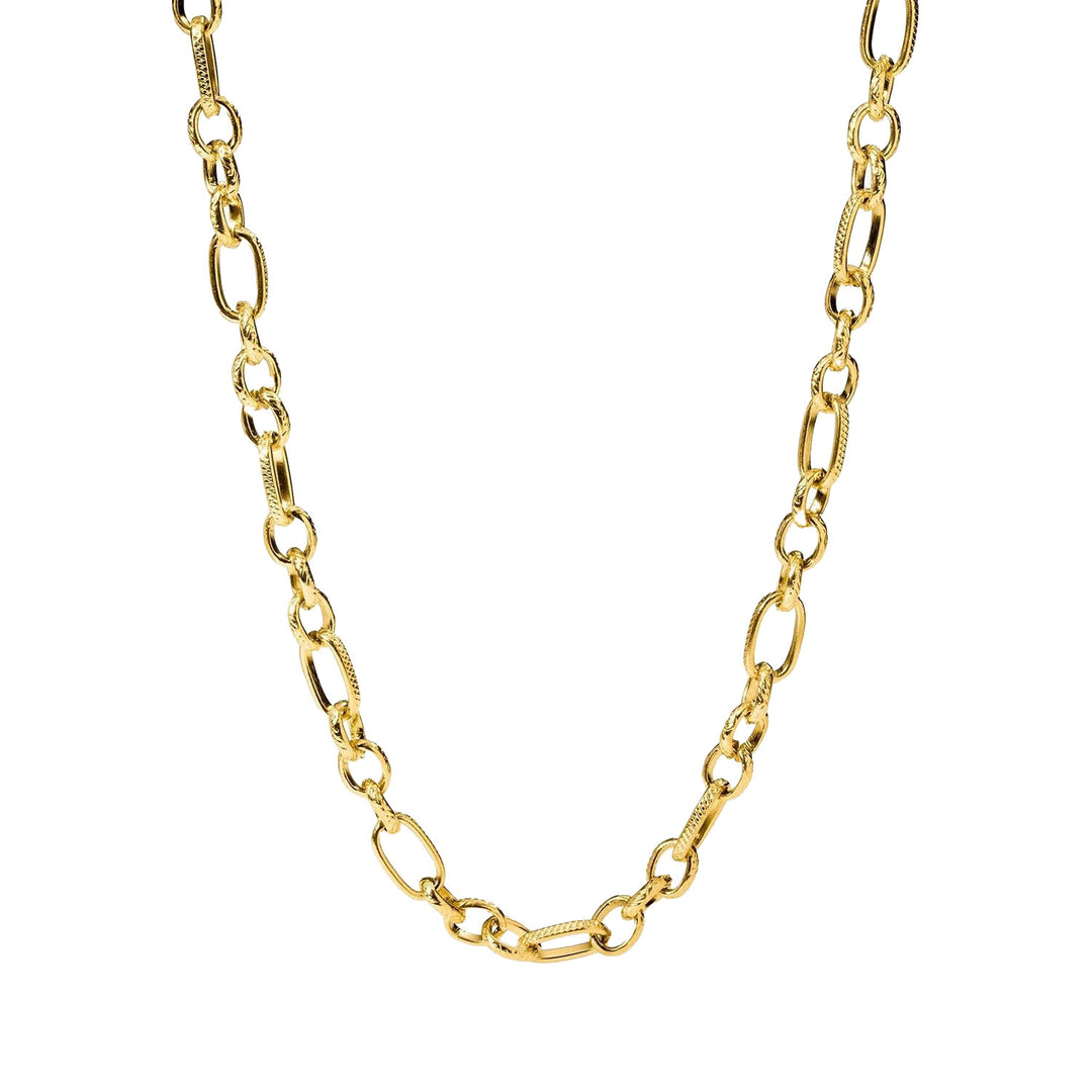 Close-up of gold PURELEI Fashion Show Necklace with fine hatching, adjustable length, perfect for layering.