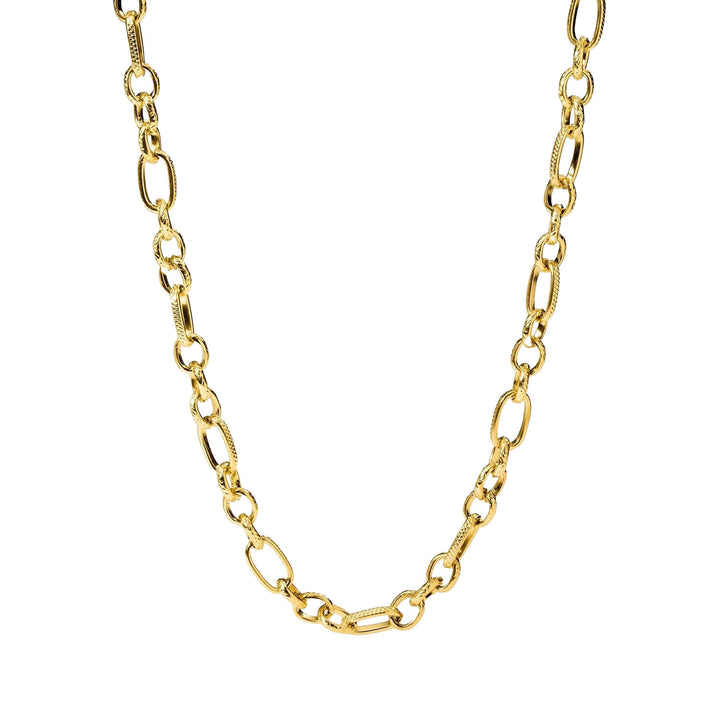 Close-up of gold PURELEI Fashion Show Necklace with fine hatching, adjustable length, perfect for layering.