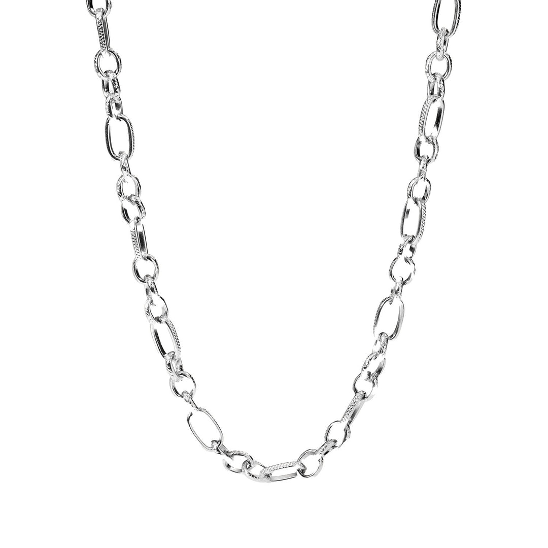 Close-up of silver PURELEI Fashion Show Necklace with fine hatching, adjustable length, perfect for layering.