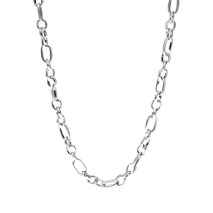 Close-up of silver PURELEI Fashion Show Necklace with fine hatching, adjustable length, perfect for layering.