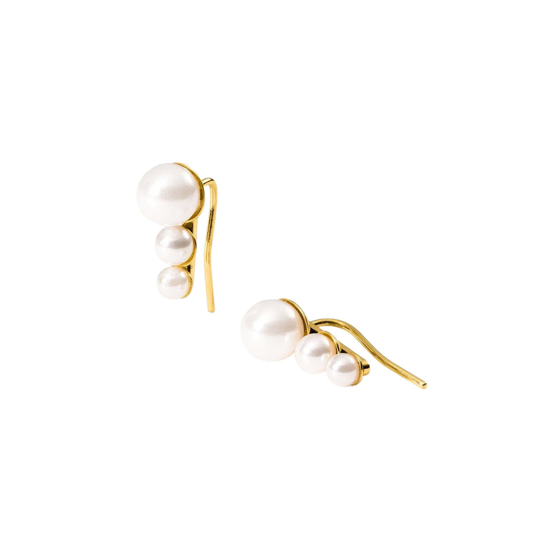 Close-up of PURELEI Finesse Earrings in 18K Gold-Plated with elegant Sea Shell Pearls in a modern ear crawler design.