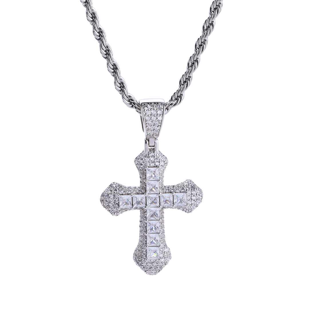 Close-up of the Frosty Cross Pendant in 925 Sterling Silver with a blue gemstone and VVS Moissanite, on a sleek rope chain.