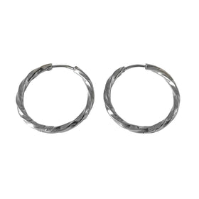 Silberne Edelstahl-Creolen, gedrehtes Design, 25mm Durchmesser, Schmuck auf weißem Hintergrund
