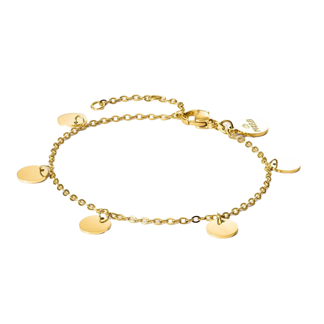 Close-up of the PURELEI Kalea Bracelet Gold with delicate disc accents and adjustable 18K gold-plated chain for an elegant look.