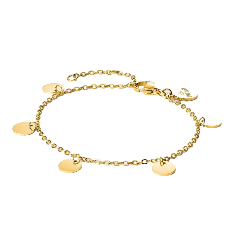 Close-up of the PURELEI Kalea Bracelet Gold with delicate disc accents and adjustable 18K gold-plated chain for an elegant look.