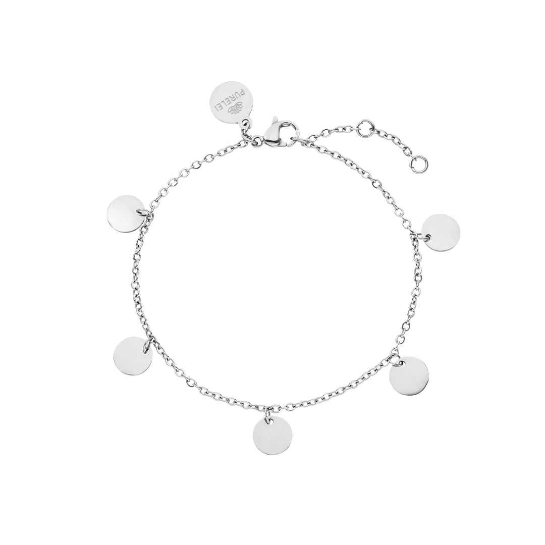 Close-up of the PURELEI Kalea Bracelet Silver with delicate disc accents and adjustable stainless steel chain for an elegant look.