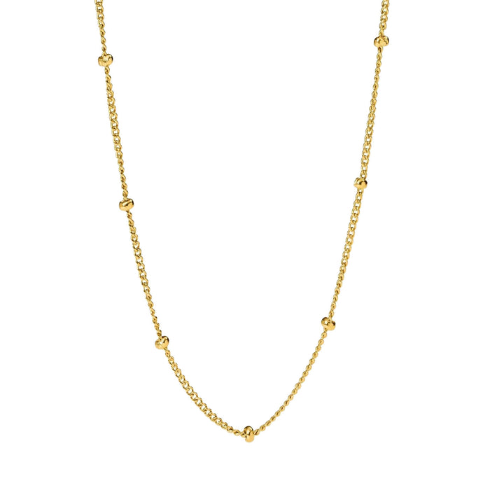 Close-up of PURELEI Li'ili'i Necklace Gold, a delicate 18K gold-plated chain perfect for layering with an adjustable length.