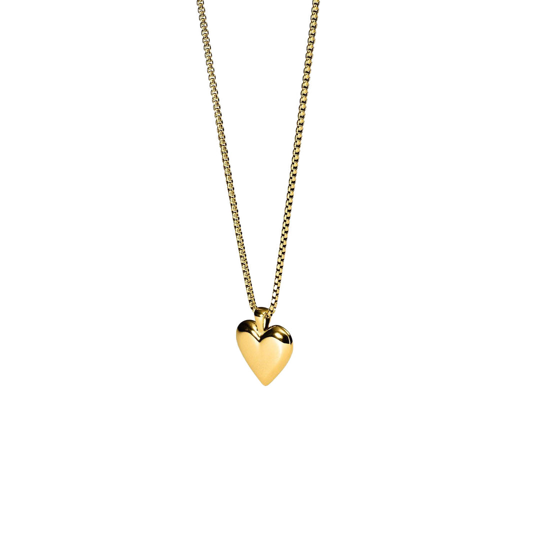 Close-up of PURELEI Lovebird Necklace in gold with a shiny heart pendant, adjustable chain, and elegant romantic design.