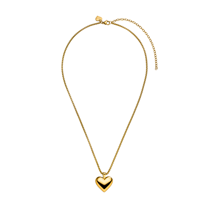 Ultra Close-up of PURELEI Lovebird Necklace in gold with a shiny heart pendant, adjustable chain, and elegant romantic design.