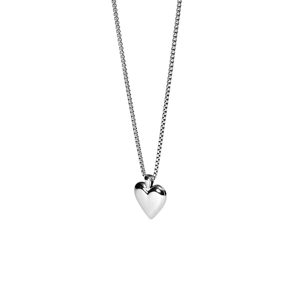 Close-up of PURELEI Lovebird Necklace in silver with a shiny heart pendant, adjustable chain, and elegant romantic design.