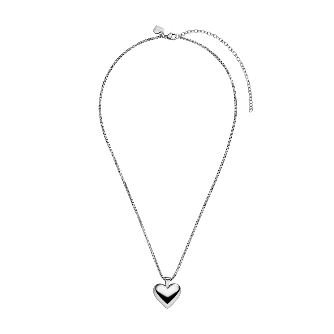 Ultra Close-up of PURELEI Lovebird Necklace in silver with a shiny heart pendant, adjustable chain, and elegant romantic design.