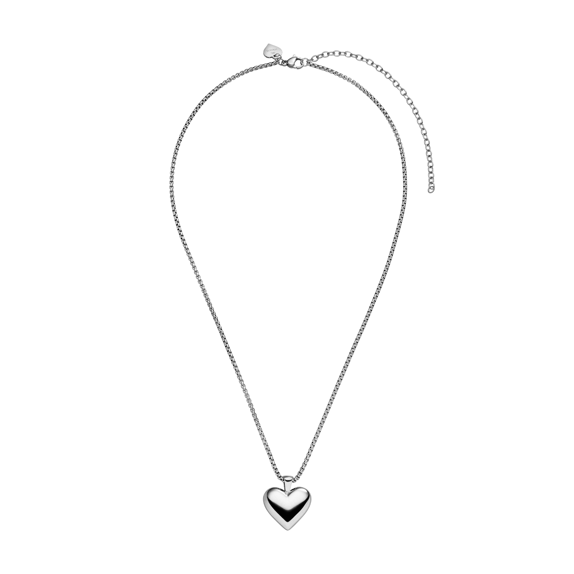 Ultra Close-up of PURELEI Lovebird Necklace in silver with a shiny heart pendant, adjustable chain, and elegant romantic design.