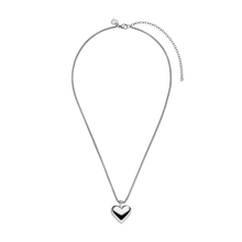 Ultra Close-up of PURELEI Lovebird Necklace in silver with a shiny heart pendant, adjustable chain, and elegant romantic design.