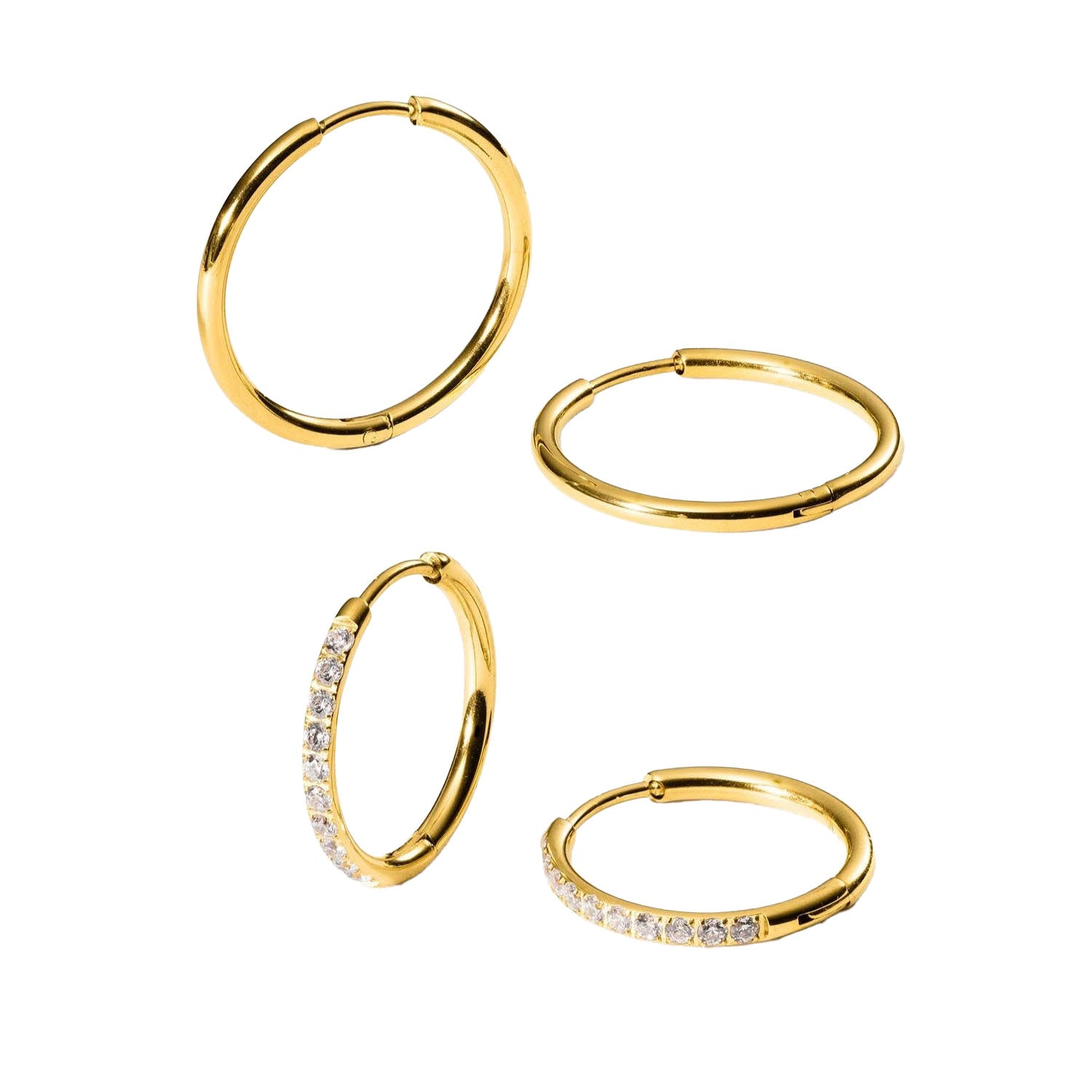 Close-up of PURELEI Lovely Glitter Earring Set in gold: two hoop pairs, one with cubic zirconia gemstones, perfect for any style.