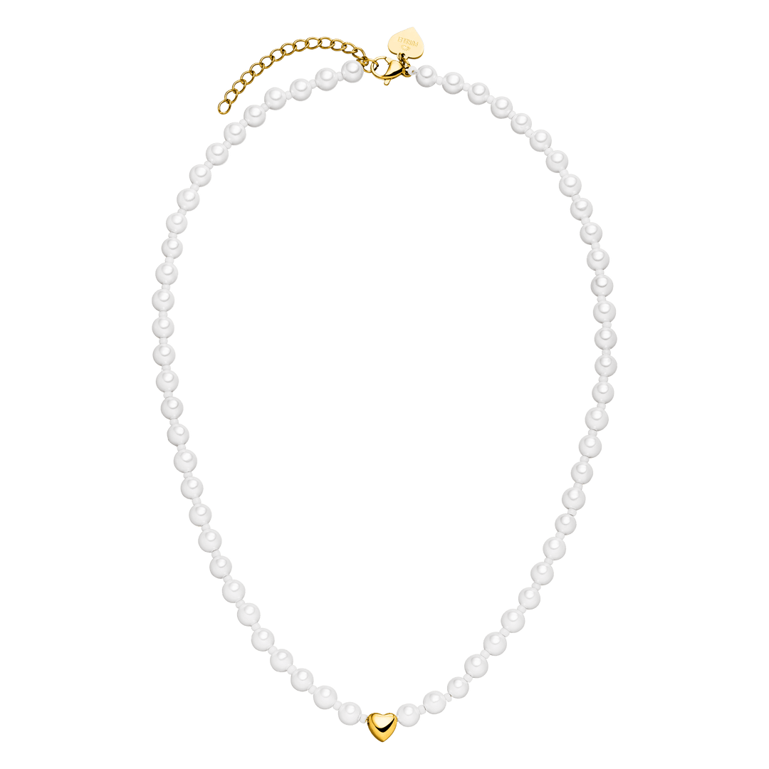 Overhead view of the PURELEI Lovely Necklace in gold, showcasing its full length, heart pendant, and mix of seashell and glass pearls.