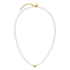 Overhead view of the PURELEI Lovely Necklace in gold, showcasing its full length, heart pendant, and mix of seashell and glass pearls.