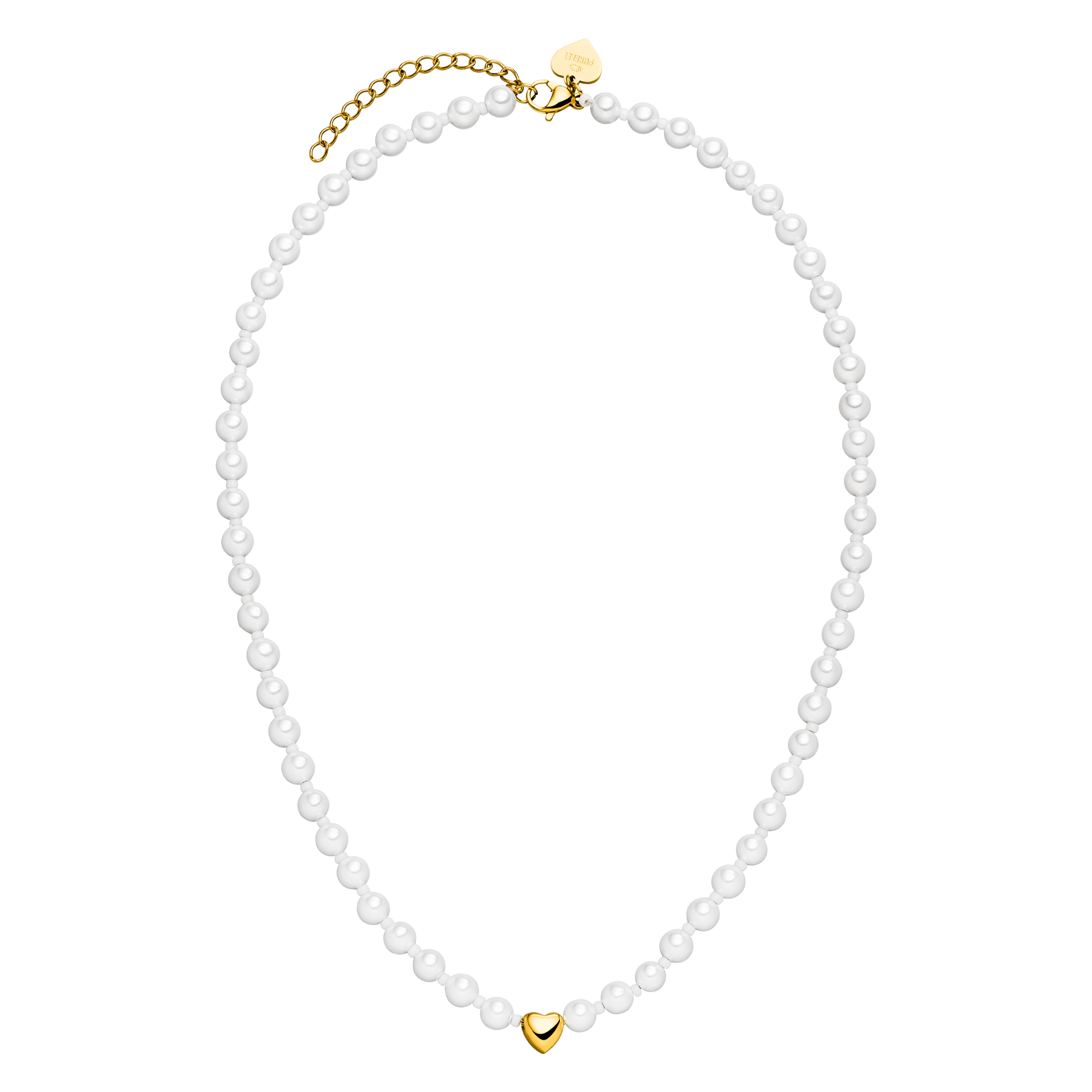 Overhead view of the PURELEI Lovely Necklace in gold, showcasing its full length, heart pendant, and mix of seashell and glass pearls.