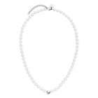 Overhead view of the PURELEI Lovely Necklace in silver, showcasing its full length, heart pendant, and mix of seashell and glass pearls.