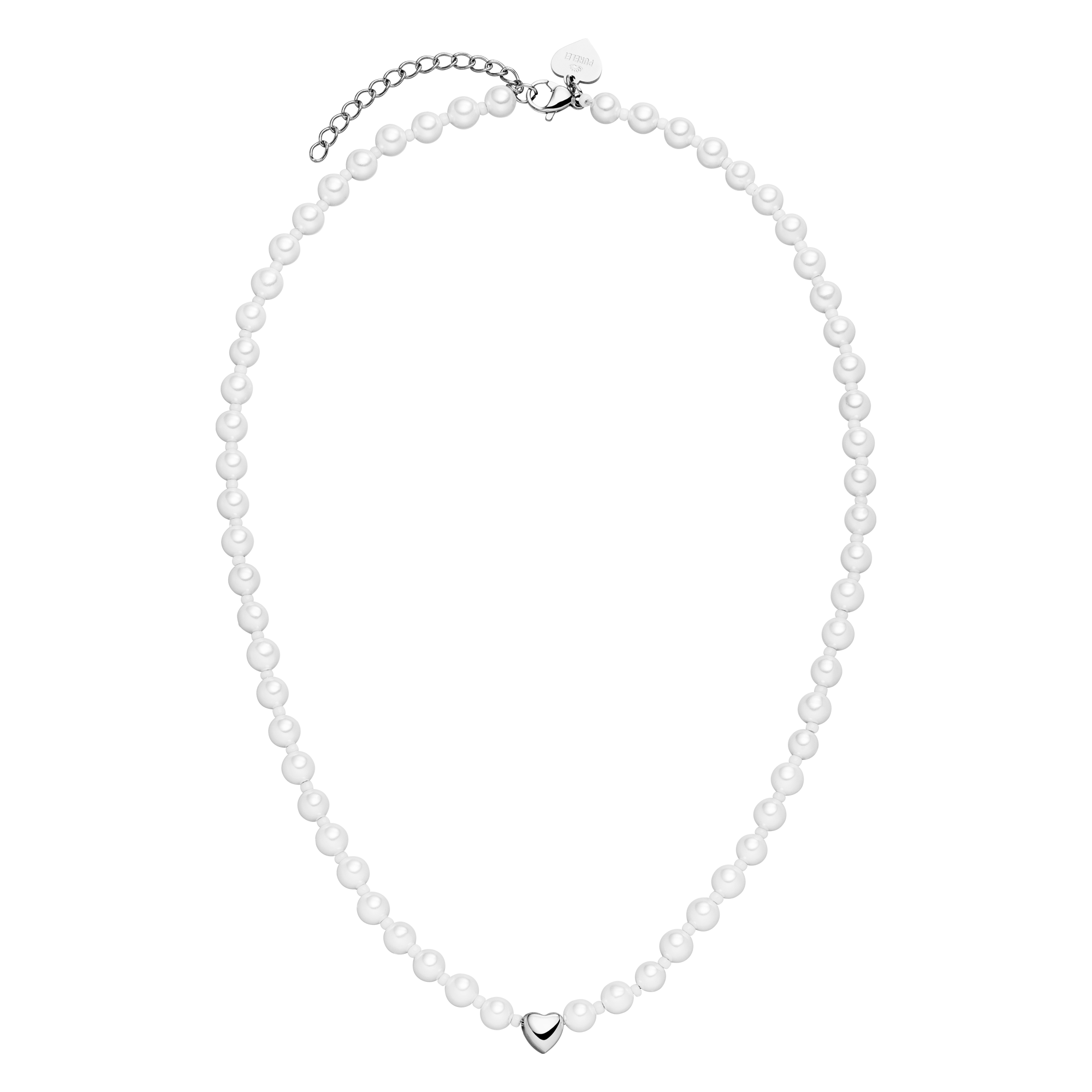 Overhead view of the PURELEI Lovely Necklace in silver, showcasing its full length, heart pendant, and mix of seashell and glass pearls.