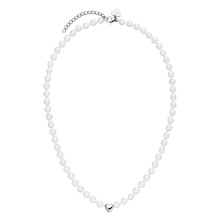 Overhead view of the PURELEI Lovely Necklace in silver, showcasing its full length, heart pendant, and mix of seashell and glass pearls.