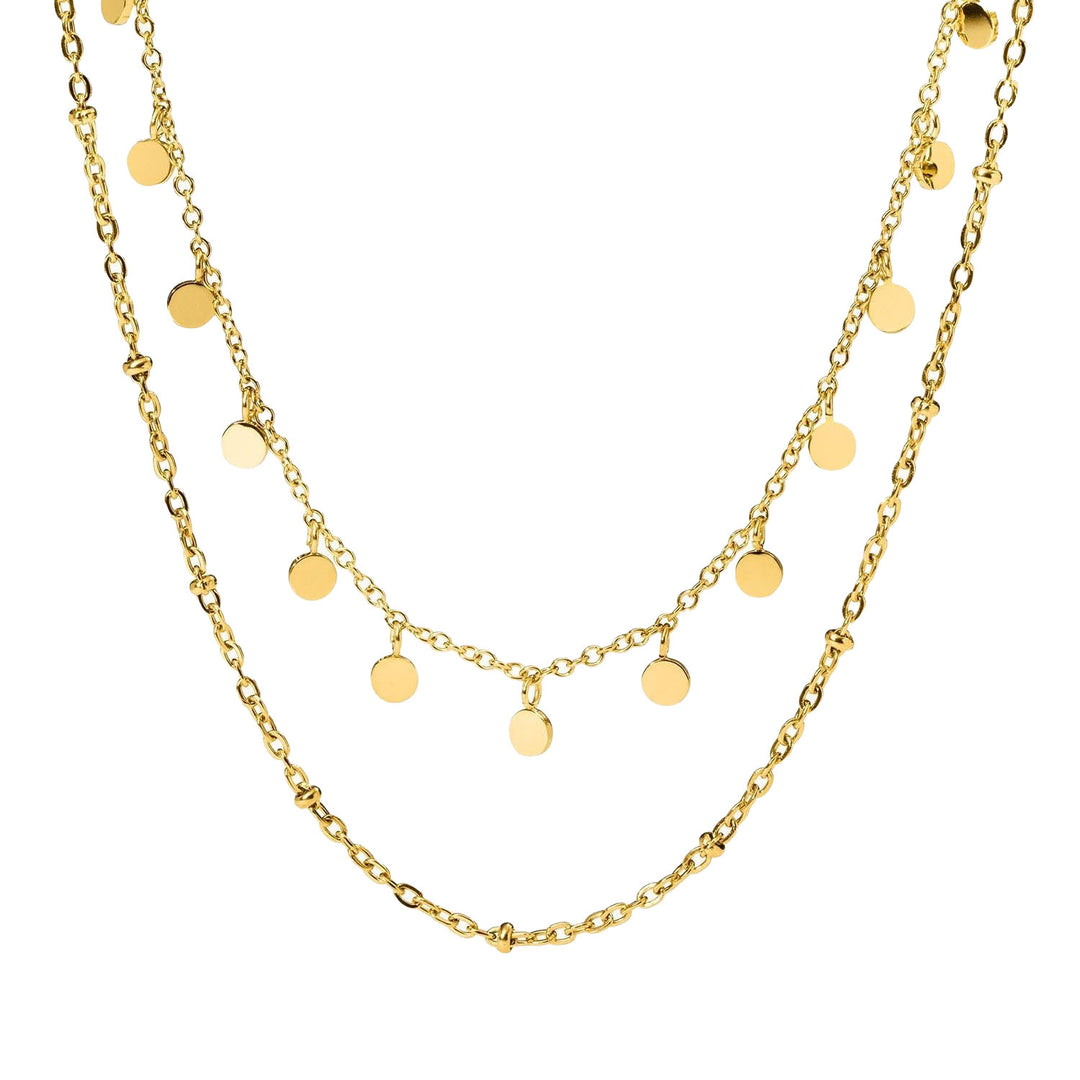 Close-up of PURELEI Plain Necklace Gold: double-layered design with bead details and coin pendants, adjustable length 40-45 cm.