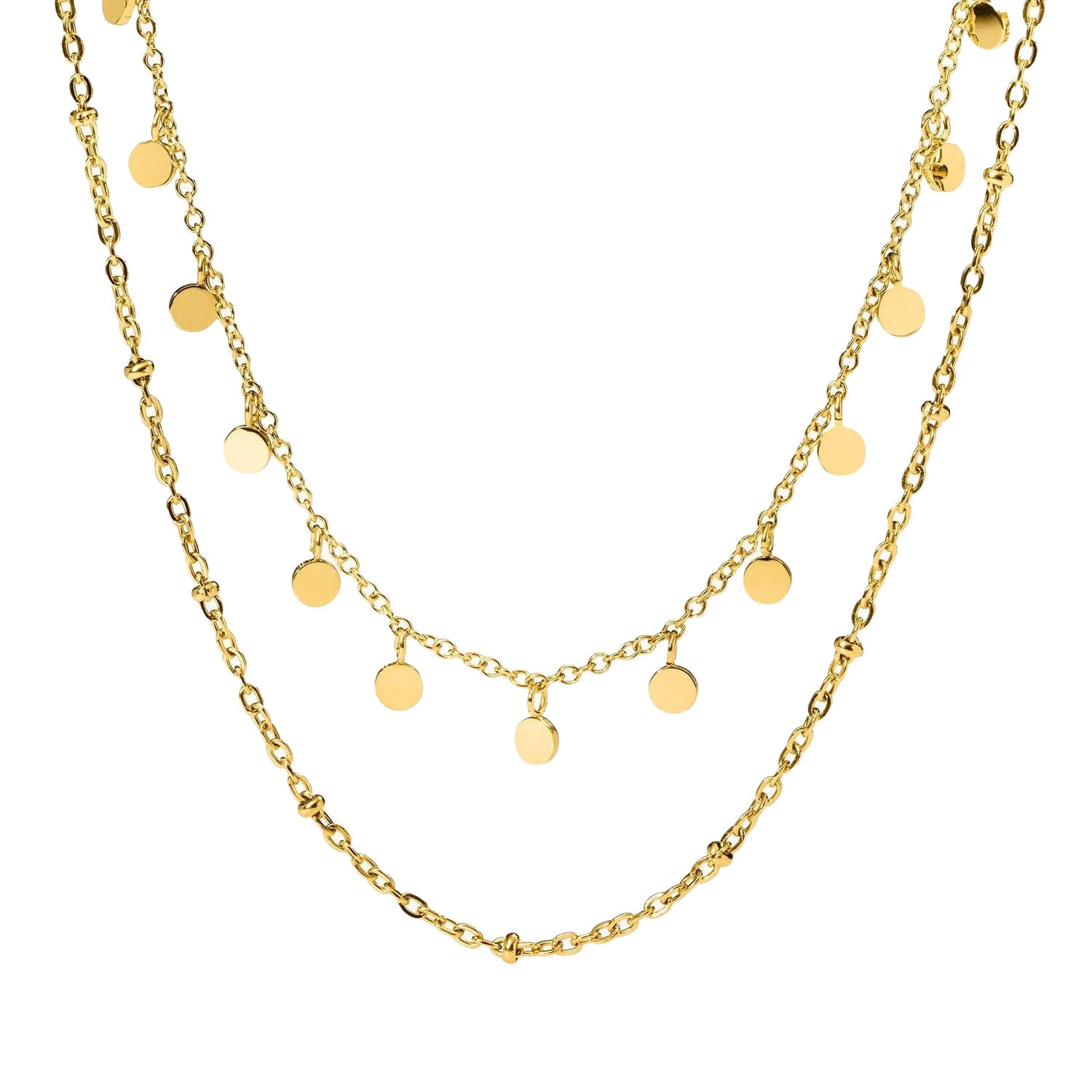 Close-up of PURELEI Plain Necklace Gold: double-layered design with bead details and coin pendants, adjustable length 40-45 cm.