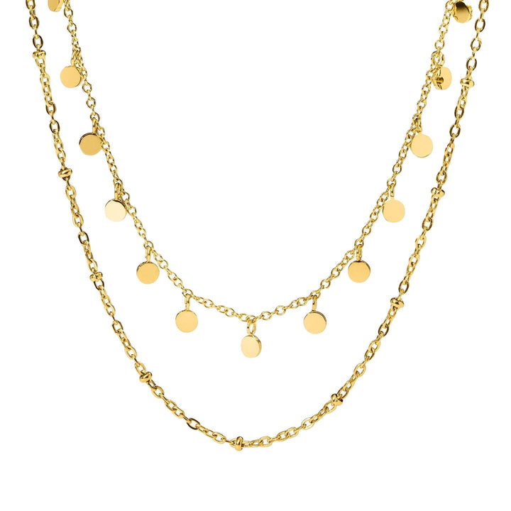 Close-up of PURELEI Plain Necklace Gold: double-layered design with bead details and coin pendants, adjustable length 40-45 cm.