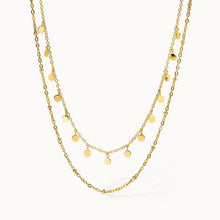Ultra Close-up of PURELEI Plain Necklace Gold: double-layered design with bead details and coin pendants, adjustable length 40-45 cm.