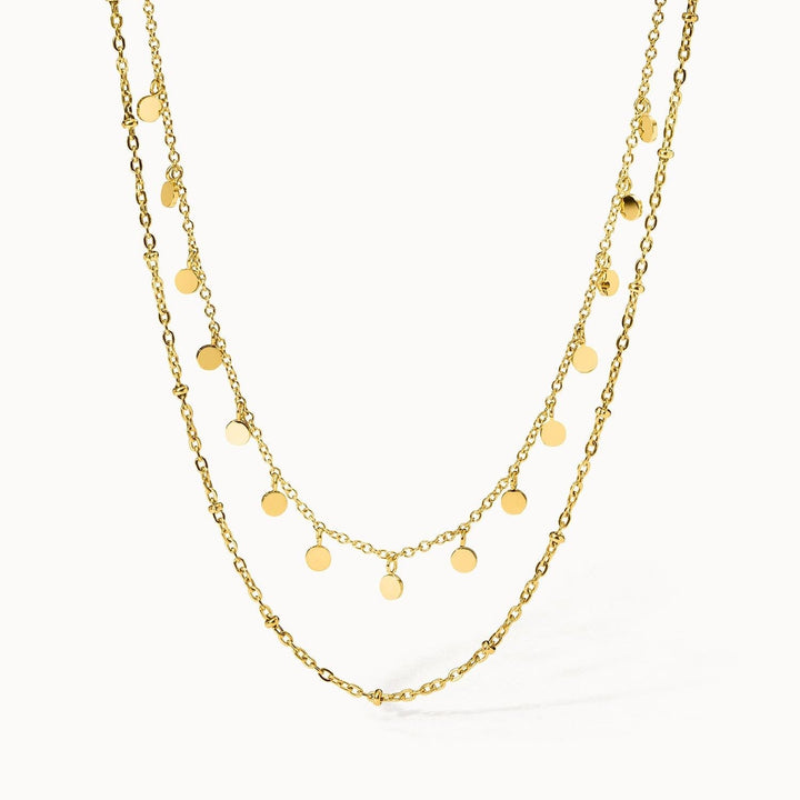 Ultra Close-up of PURELEI Plain Necklace Gold: double-layered design with bead details and coin pendants, adjustable length 40-45 cm.