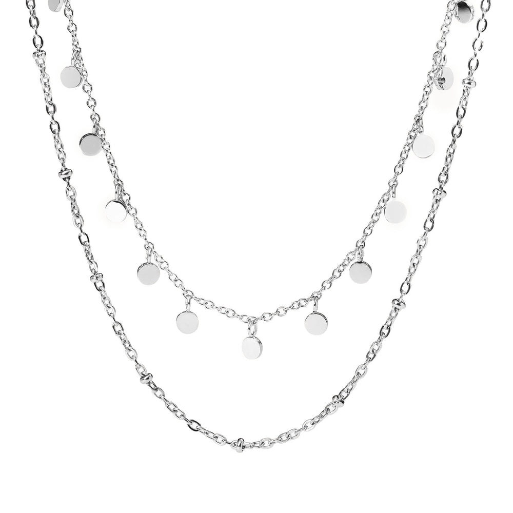 Close-up of PURELEI Plain Necklace Silver: double-layered design with bead details and coin pendants, adjustable length 40-45 cm.