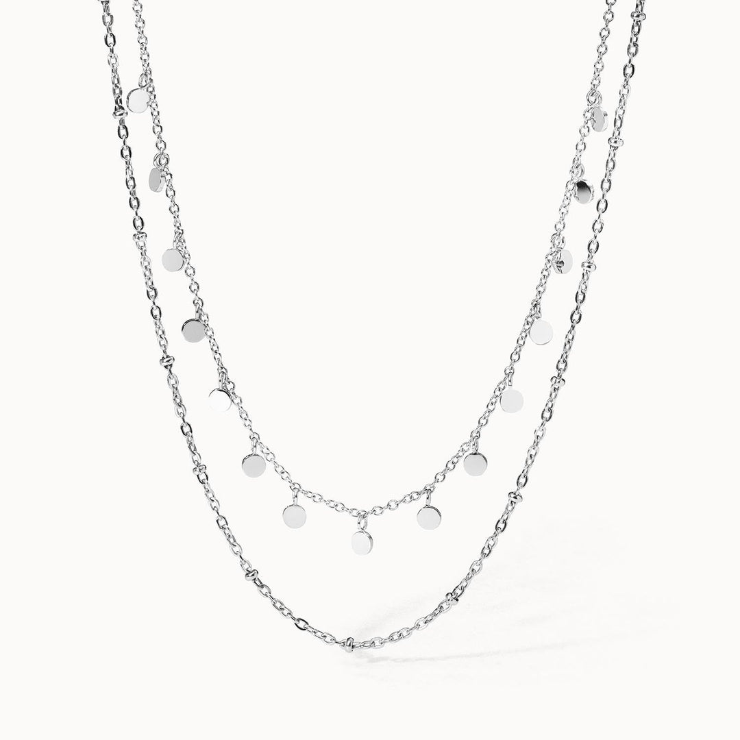 Ultra Close-up of PURELEI Plain Necklace Silver: double-layered design with bead details and coin pendants, adjustable length 40-45 cm.