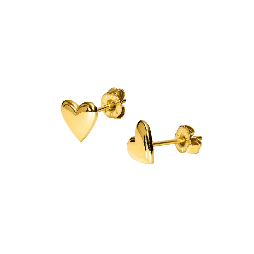 Close-up of PURELEI Secret Love Earrings Gold, delicate heart-shaped studs in 18K gold-plated stainless steel for a romantic touch.