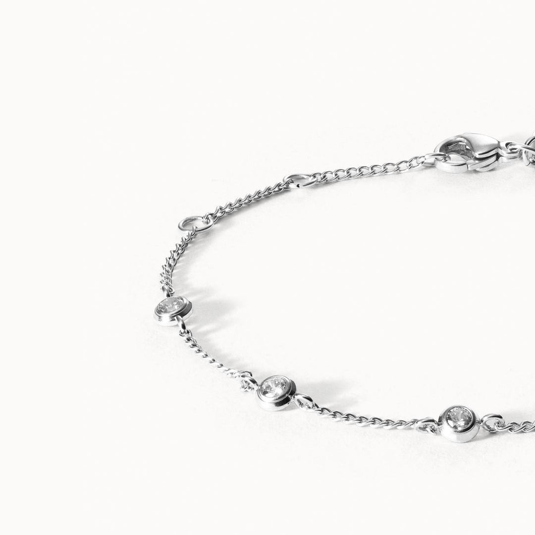 Ultra Close-up of PURELEI Spotlight Bracelet in silver, featuring delicate white zirconia stones and an adjustable lightweight design.