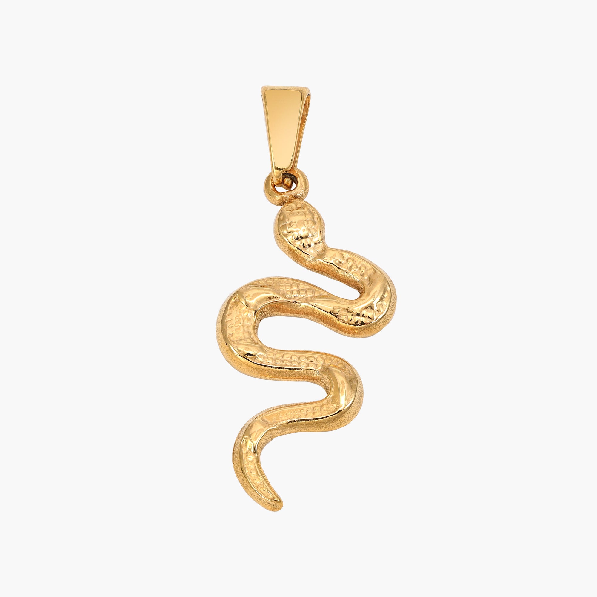 Goldener Schlangenanhänger aus Metall auf weißem Hintergrund, Schmuck für Damen